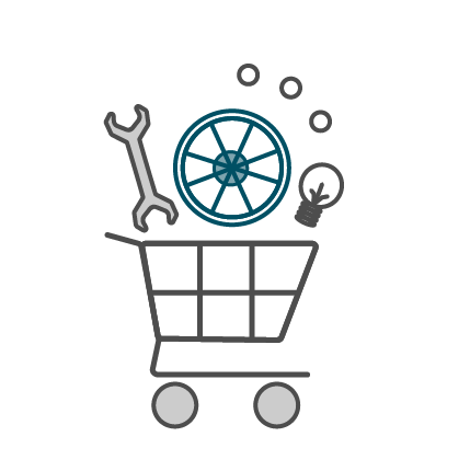 Graues Icon eines Einkaufswagens mit Ersatzteilen, darunter ein Rad und ein Schraubenschlüssel.