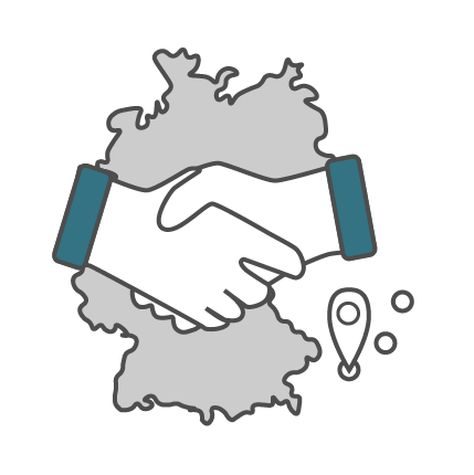 Graues Icon einer Deutschlandkarte mit Händedruck und Standortmarkierung, blaue Akzente - symbolisiert einen Partner vor Ort.