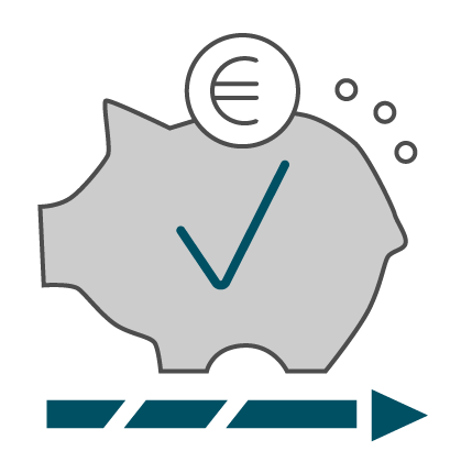 Graues Icon eines Sparschweins mit Euro-Münze und blauem Haken - symbolisiert faire Preise.
