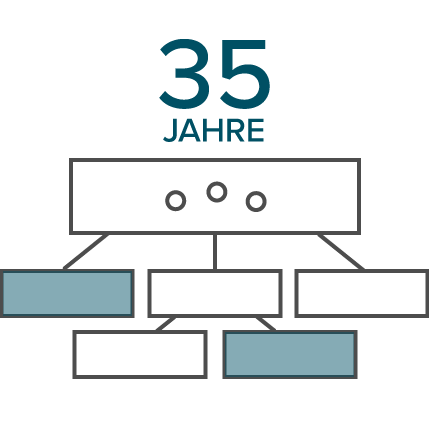 Graues Icon eines Firmennetzwerks mit 35 Jahre - symobolisiert einen starken Firmenverbund.